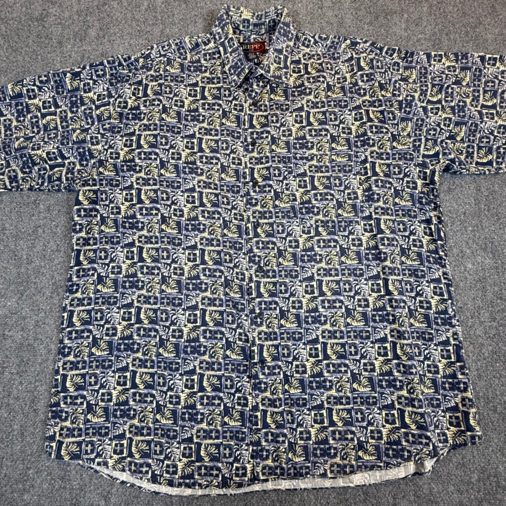 Repp Ltd Mens 2XLT Short Sleeve Button Down Shirt Navy Tropical Geometric Cotton